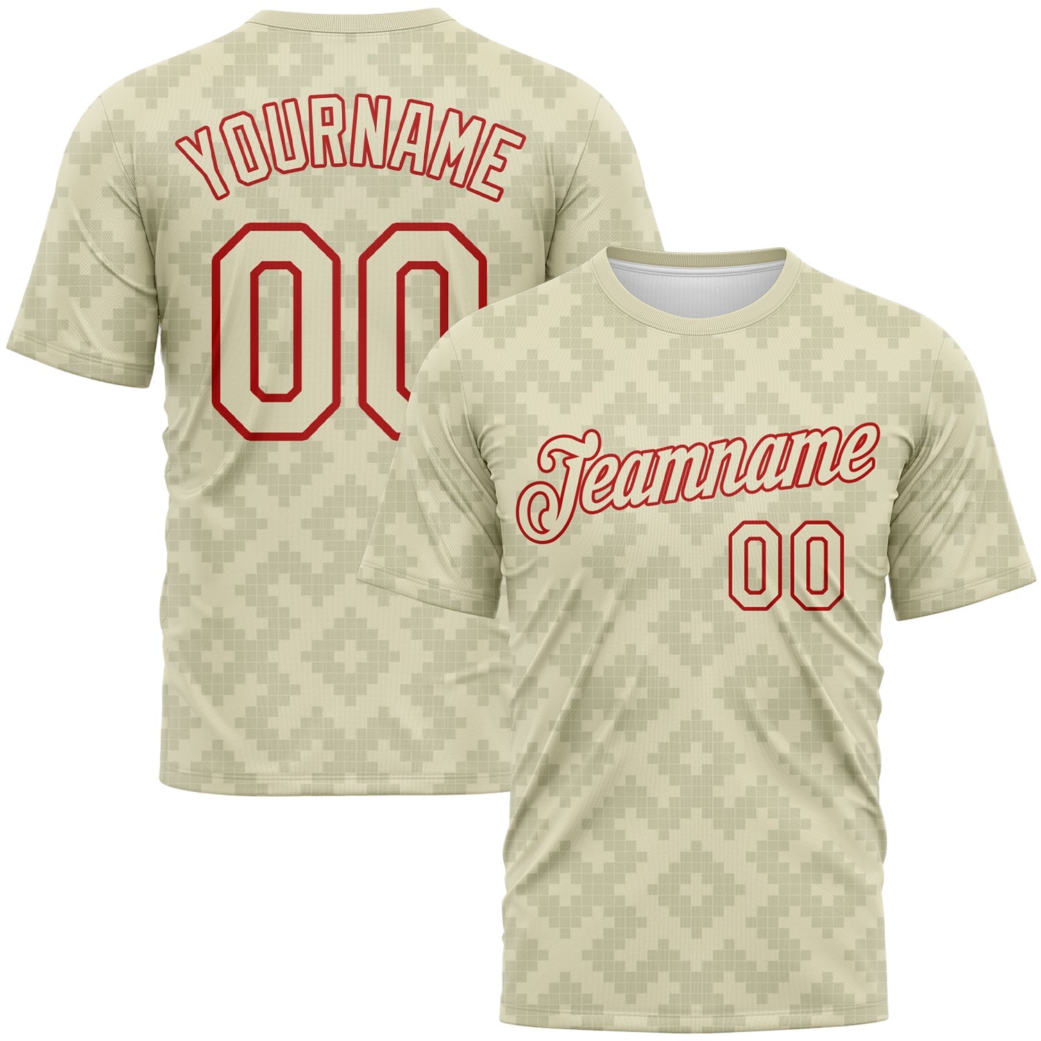 Custom City Cream-Red Geometric Diamond Subtle Grid Performance T-Shirt - Main View