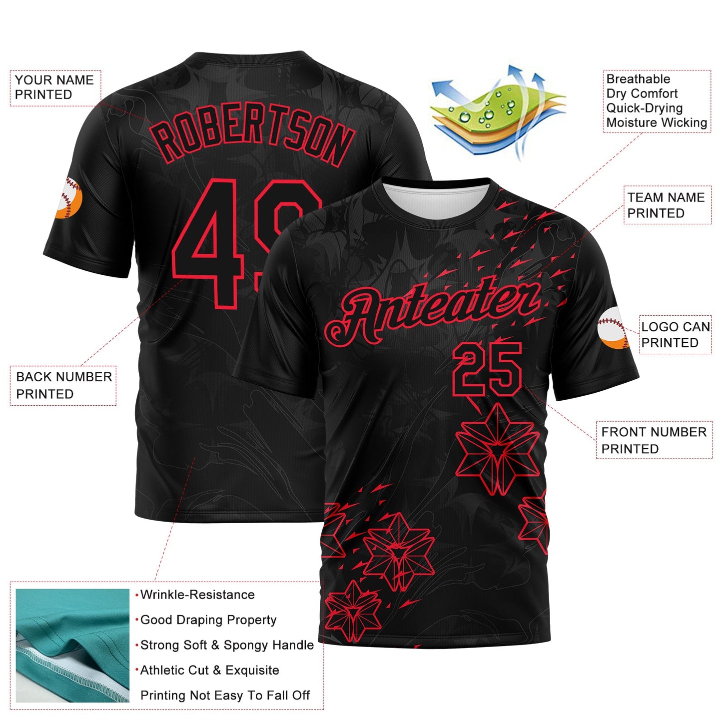 Custom Black-Fire Red Geometric Star Smoke Effect Performance T-Shirt view 2