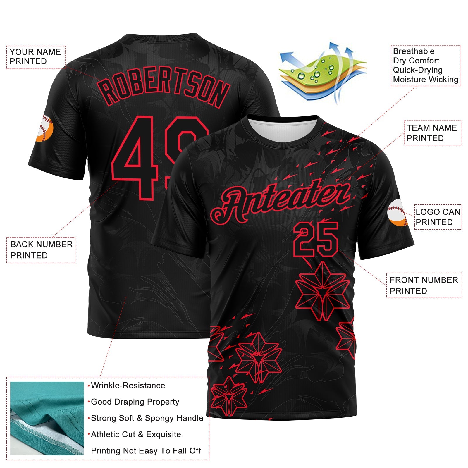 Custom Black-Fire Red Geometric Star Smoke Effect Performance T-Shirt view 2