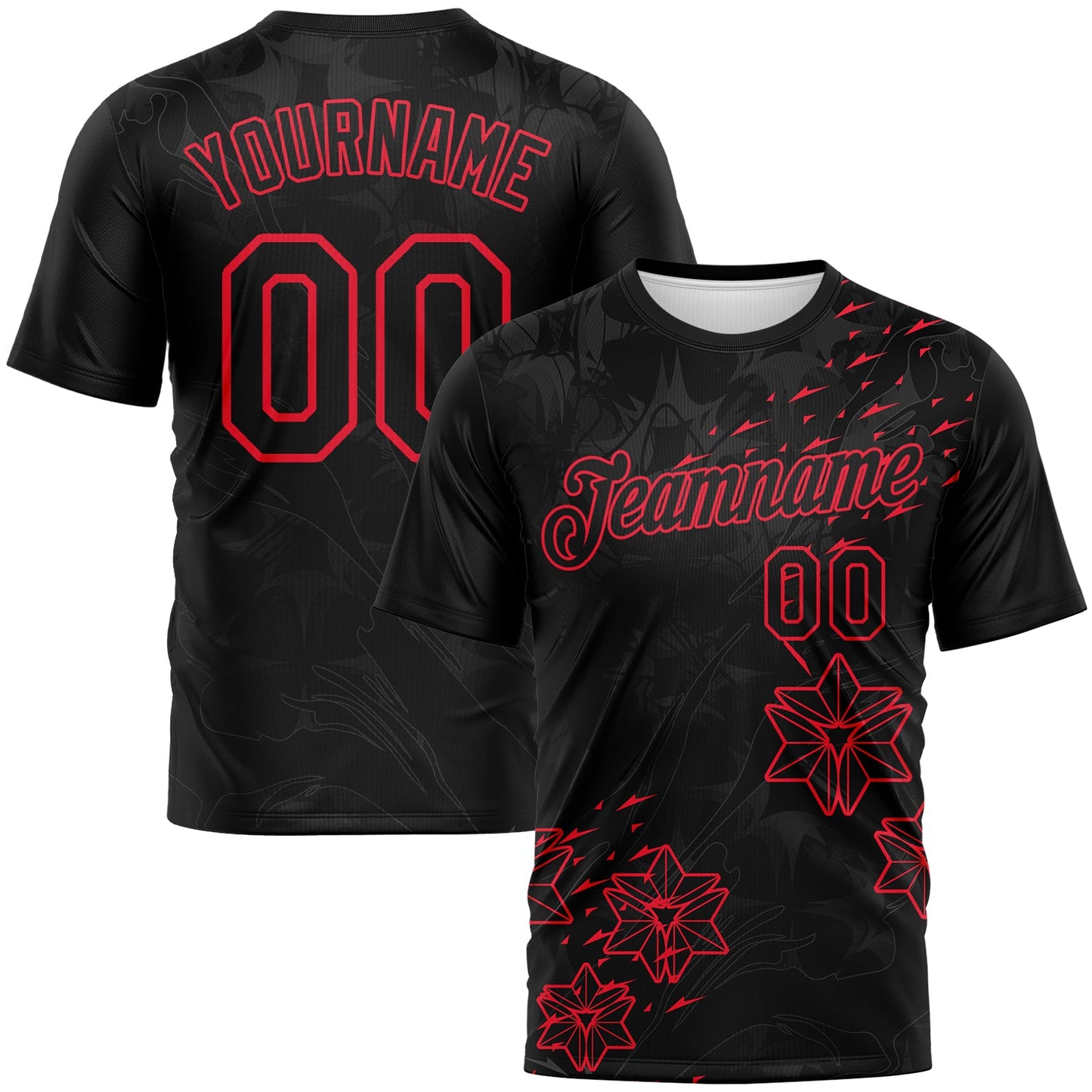 Custom Black-Fire Red Geometric Star Smoke Effect Performance T-Shirt - Main View