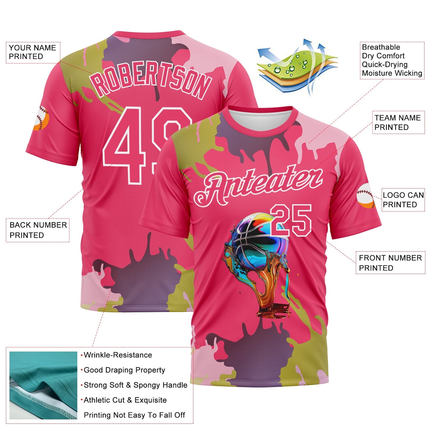 Custom Neon Pink-White Paint Splash Basketball Graffiti Style Performance T-Shirt view 2