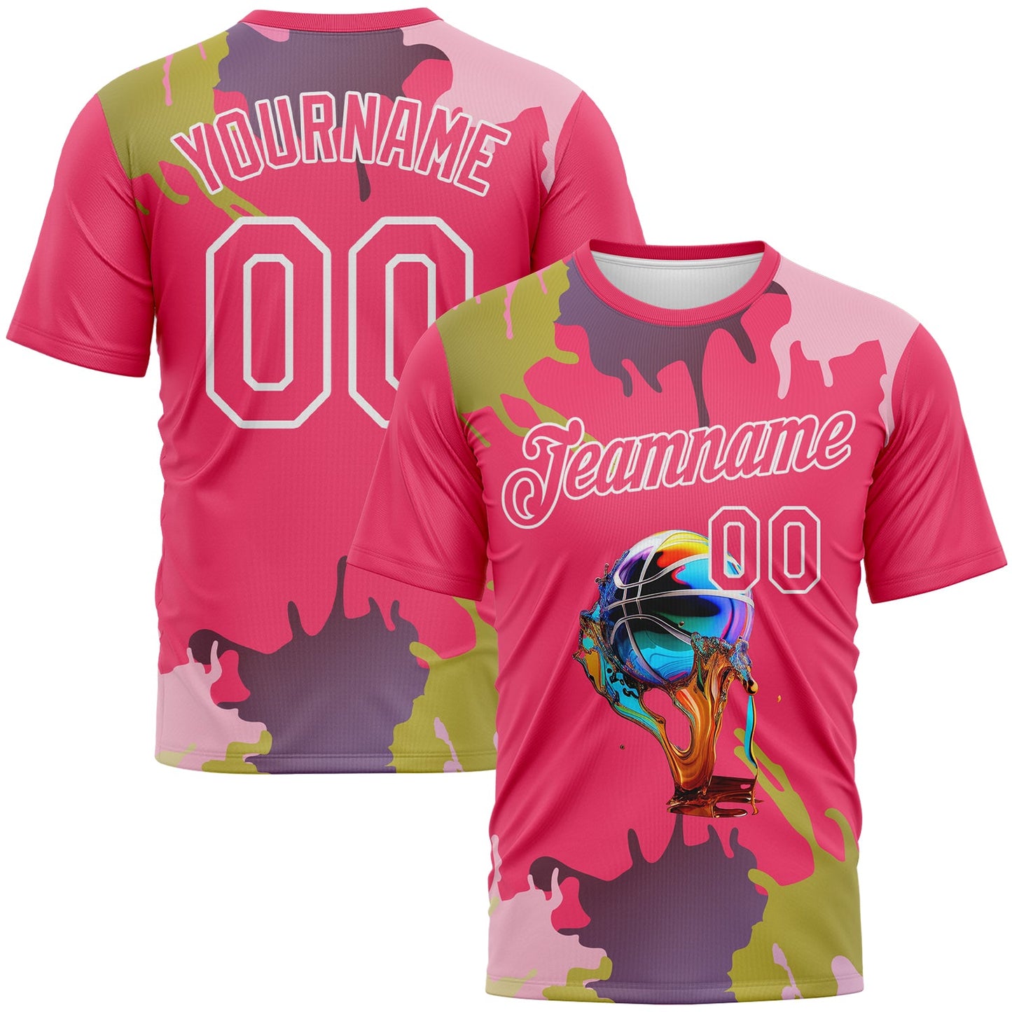 Custom Neon Pink-White Paint Splash Basketball Graffiti Style Performance T-Shirt - Main View