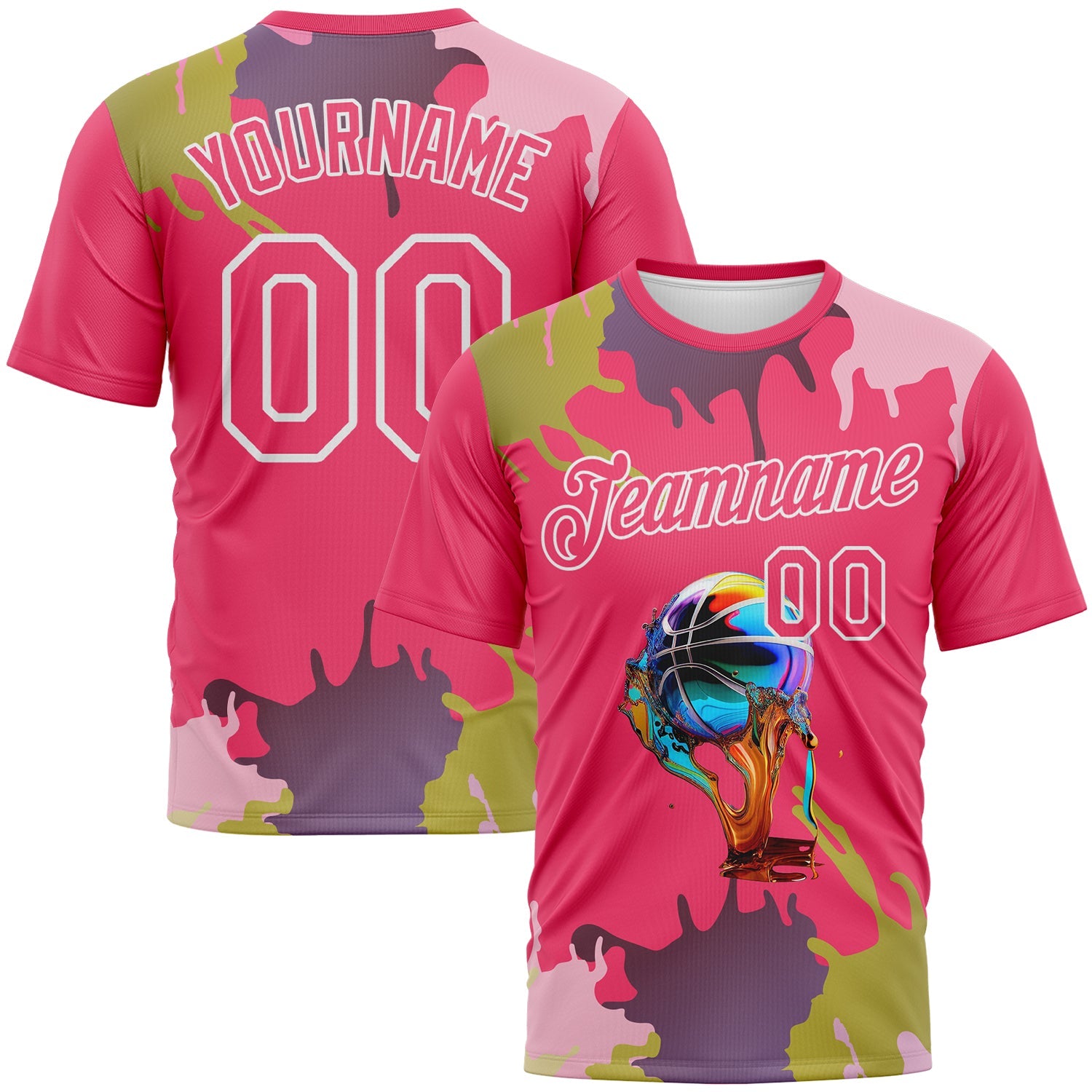 Custom Neon Pink-White Paint Splash Basketball Graffiti Style Performance T-Shirt - Main View