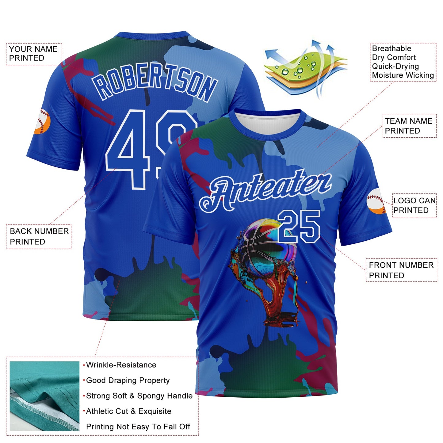 Custom Thunder Blue-White Paint Splash Basketball Graffiti Style Performance T-Shirt view 2