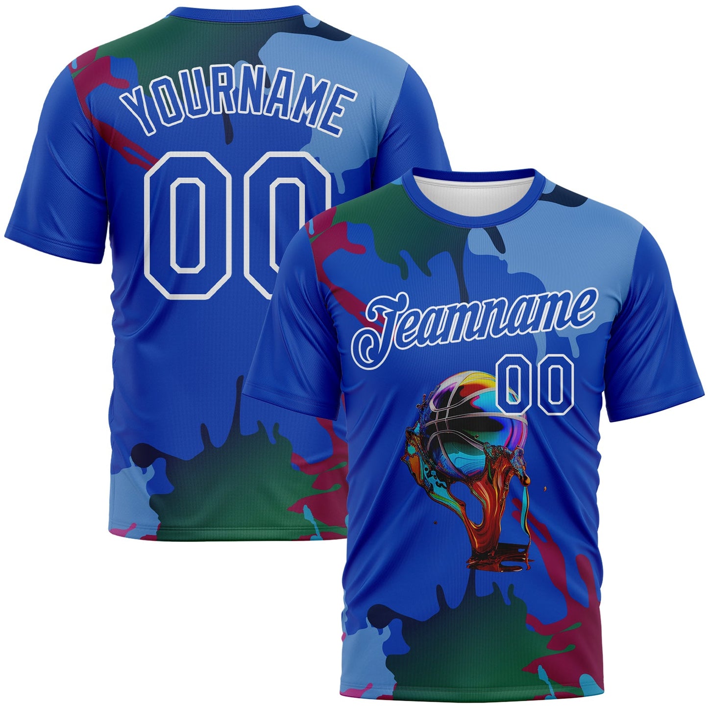 Custom Thunder Blue-White Paint Splash Basketball Graffiti Style Performance T-Shirt - Main View