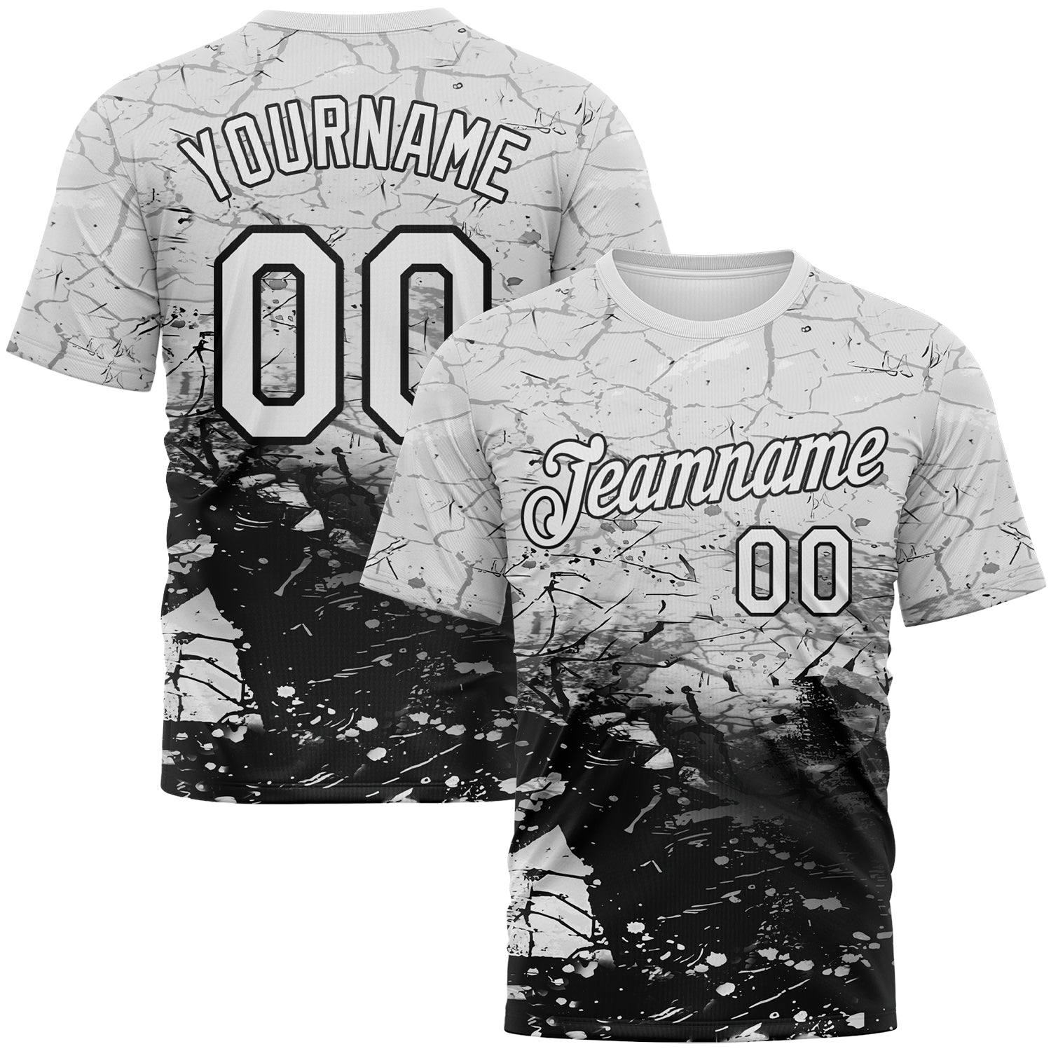 Custom White-Black Cracked Ink Grunge Jazz Style Performance T-Shirt - Main View