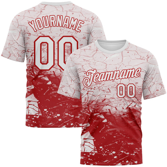 Custom White-Red Cracked Ink Grunge Jazz Style Performance T-Shirt - Main View
