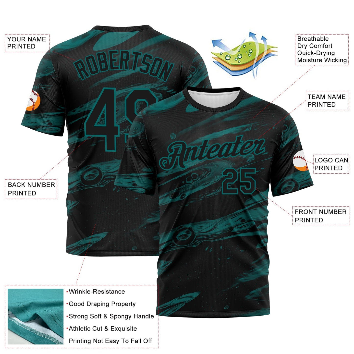 Custom Black-Teal Lava Splash Ink Wash Performance T-Shirt view 2