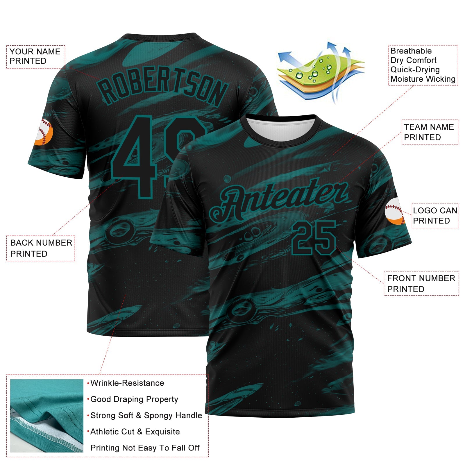 Custom Black-Teal Lava Splash Ink Wash Performance T-Shirt view 2