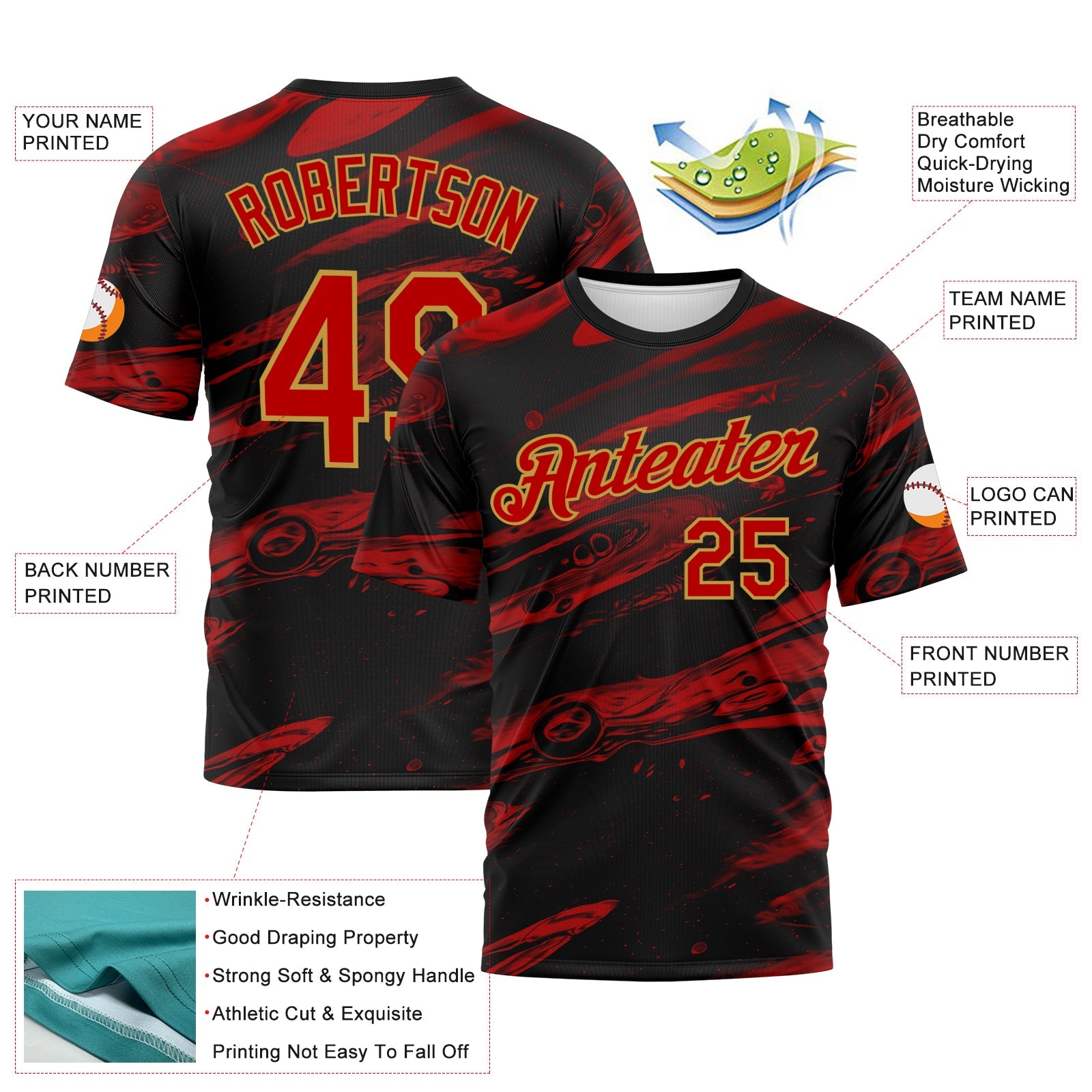 Custom Black Red-Old Gold Lava Splash Ink Wash Performance T-Shirt view 2