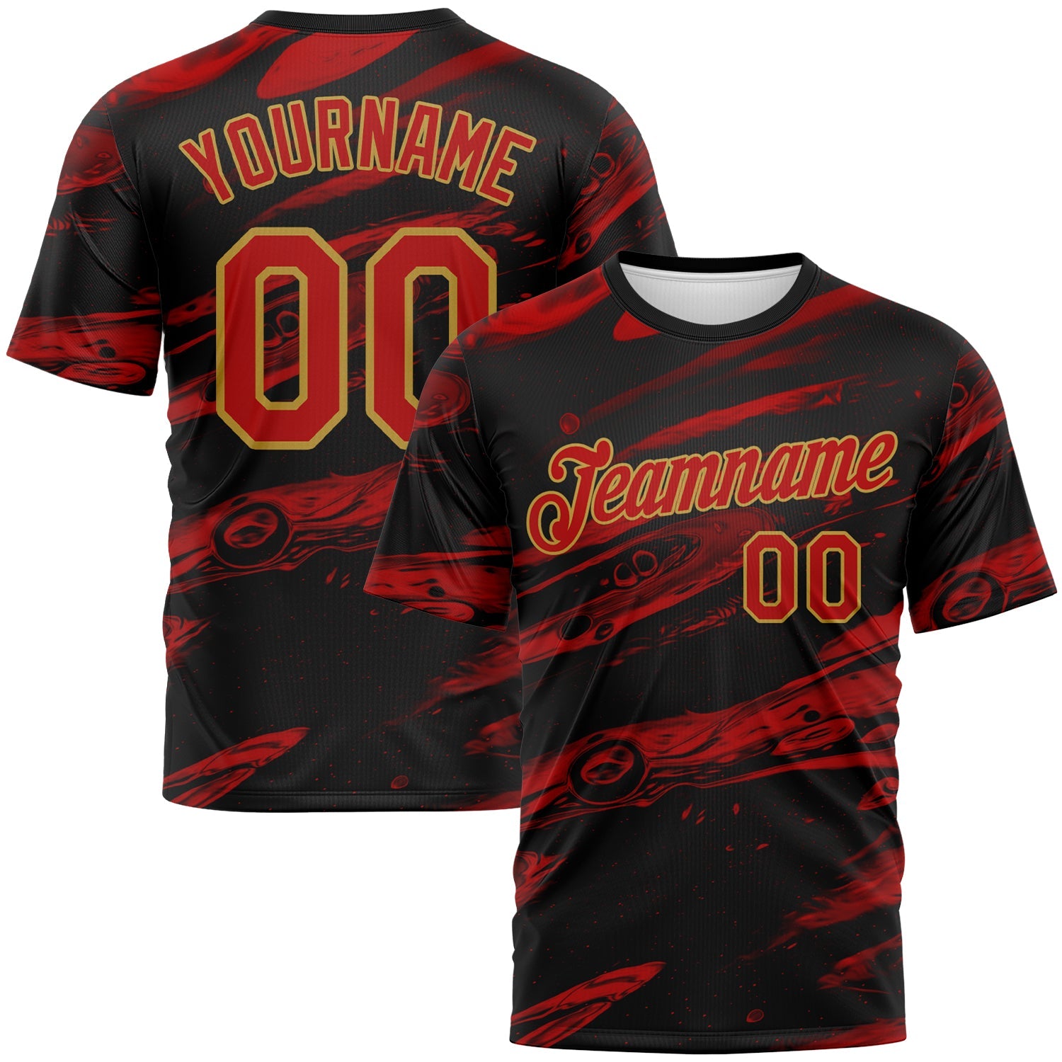 Custom Black Red-Old Gold Lava Splash Ink Wash Performance T-Shirt - Main View