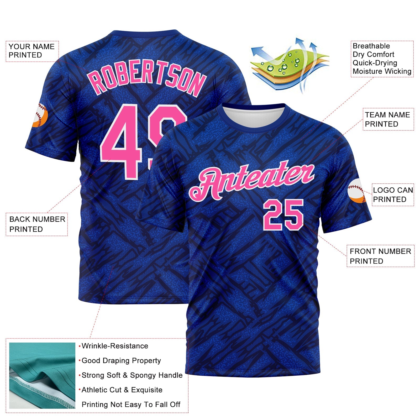 Custom Royal Pink Navy Thunder Blue-White Tribal Ethnic Design Performance T-Shirt view 2