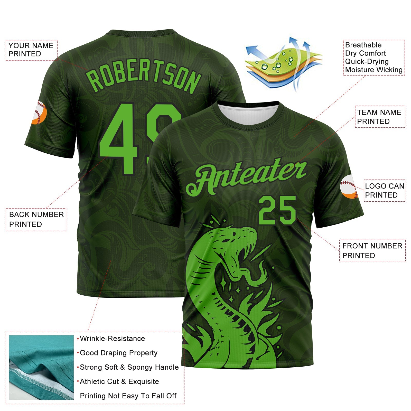 Custom Green Aurora Green-Black Tribal Snake Performance T-Shirt view 2