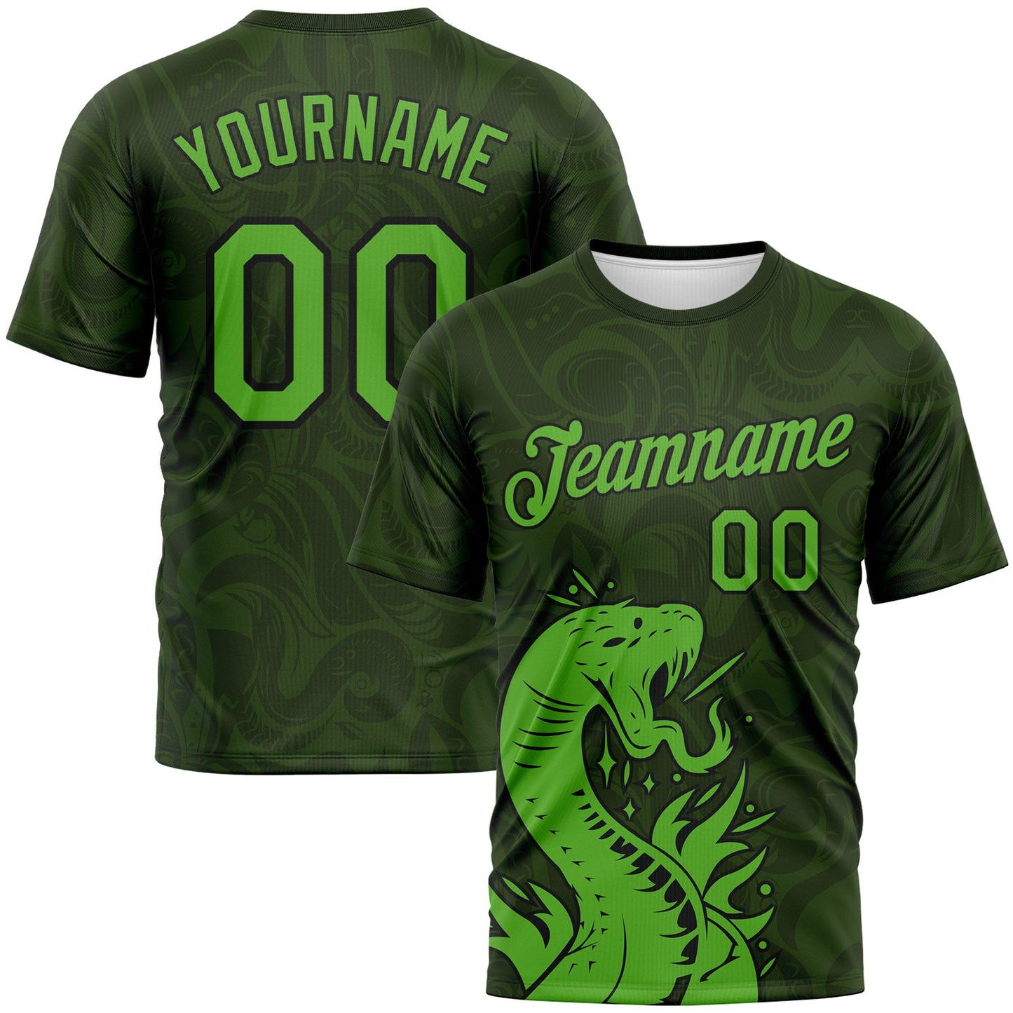 Custom Green Aurora Green-Black Tribal Snake Performance T-Shirt - Main View