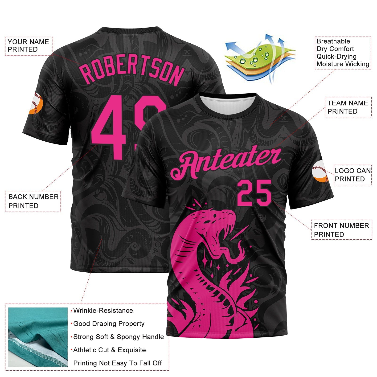 Custom Black-Hot Pink Tribal Snake Performance T-Shirt view 2