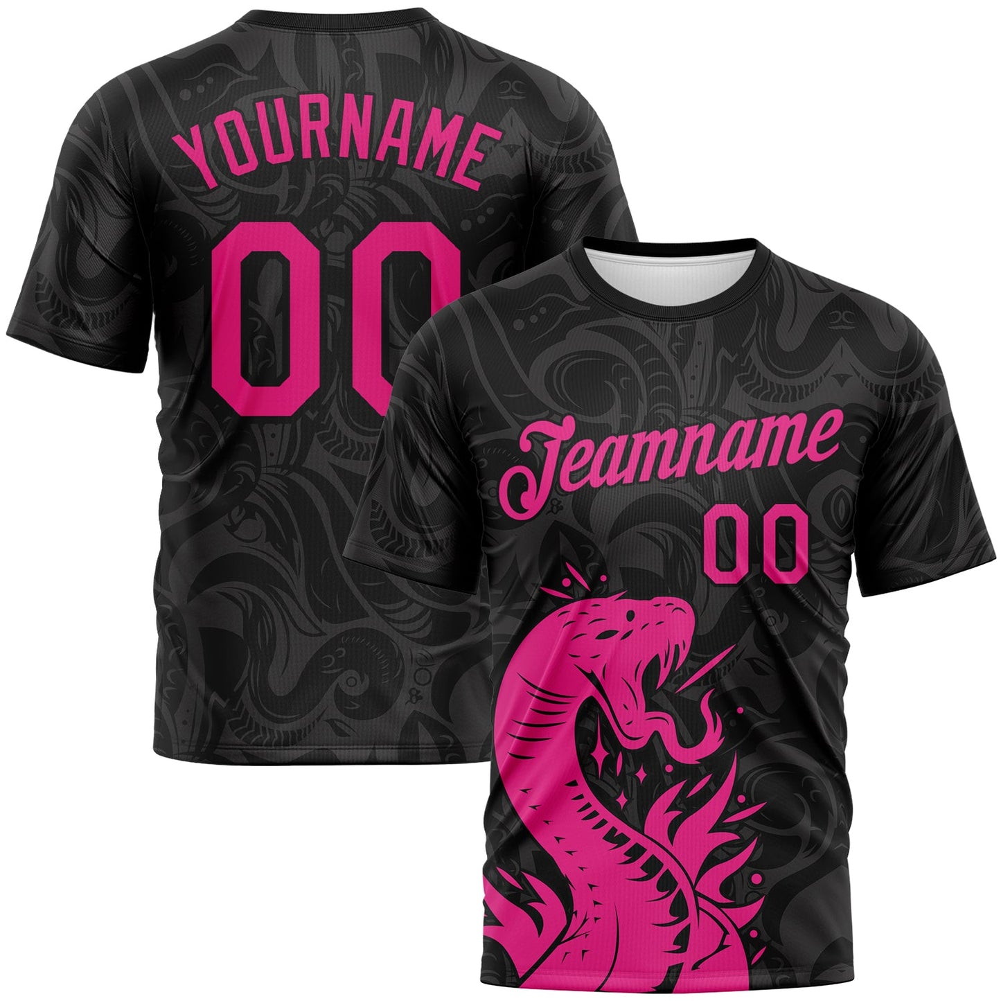Custom Black-Hot Pink Tribal Snake Performance T-Shirt - Main View