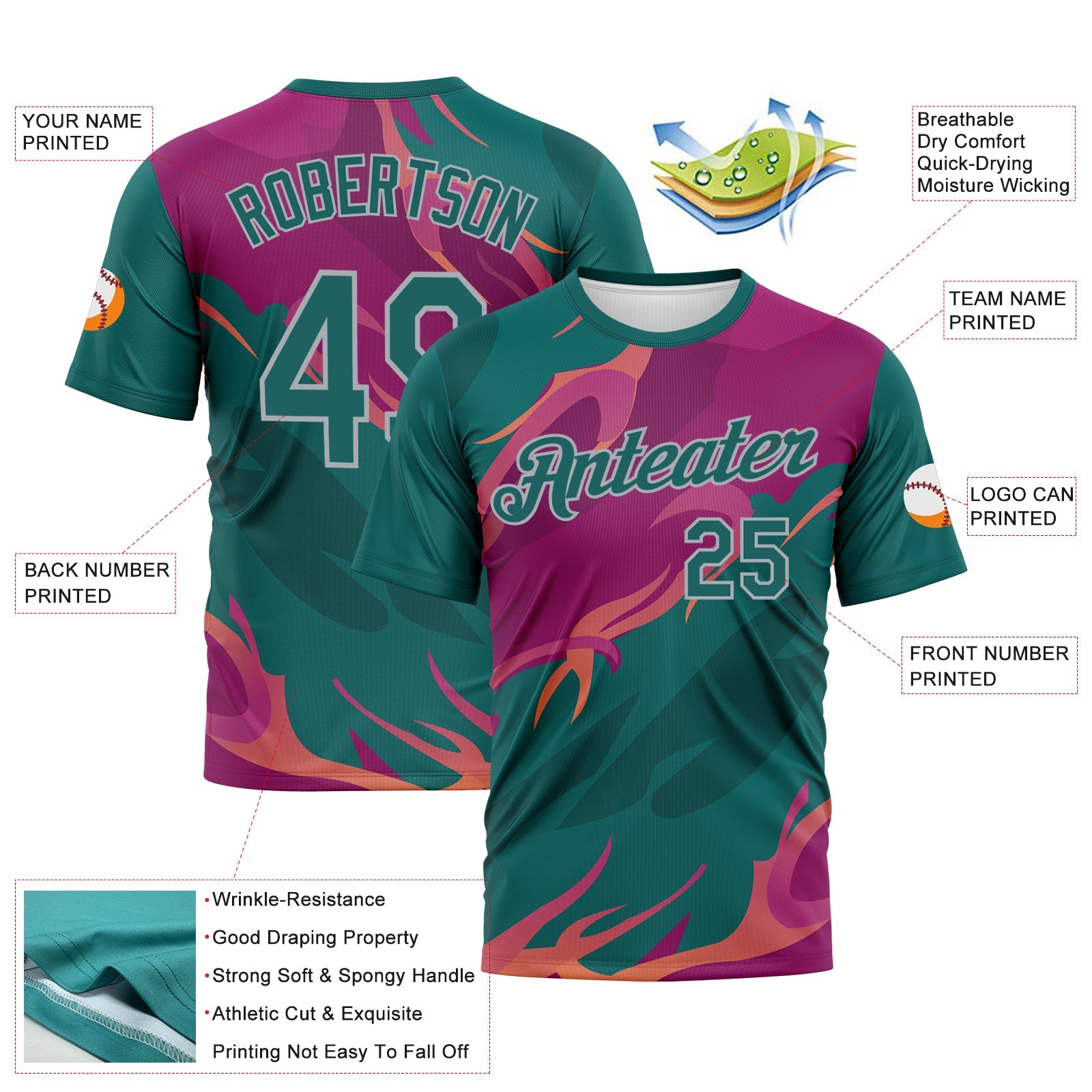 Custom Teal Deep Pink-Gray Flame Abstract Style Performance T-Shirt view 2