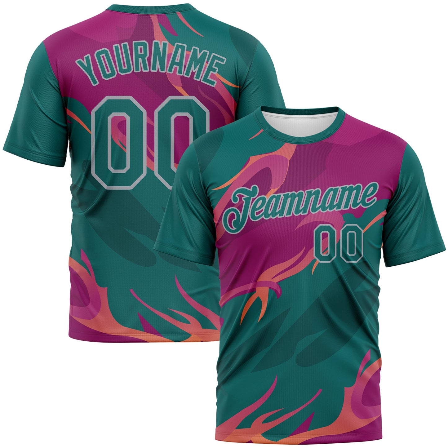 Custom Teal Deep Pink-Gray Flame Abstract Style Performance T-Shirt - Main View