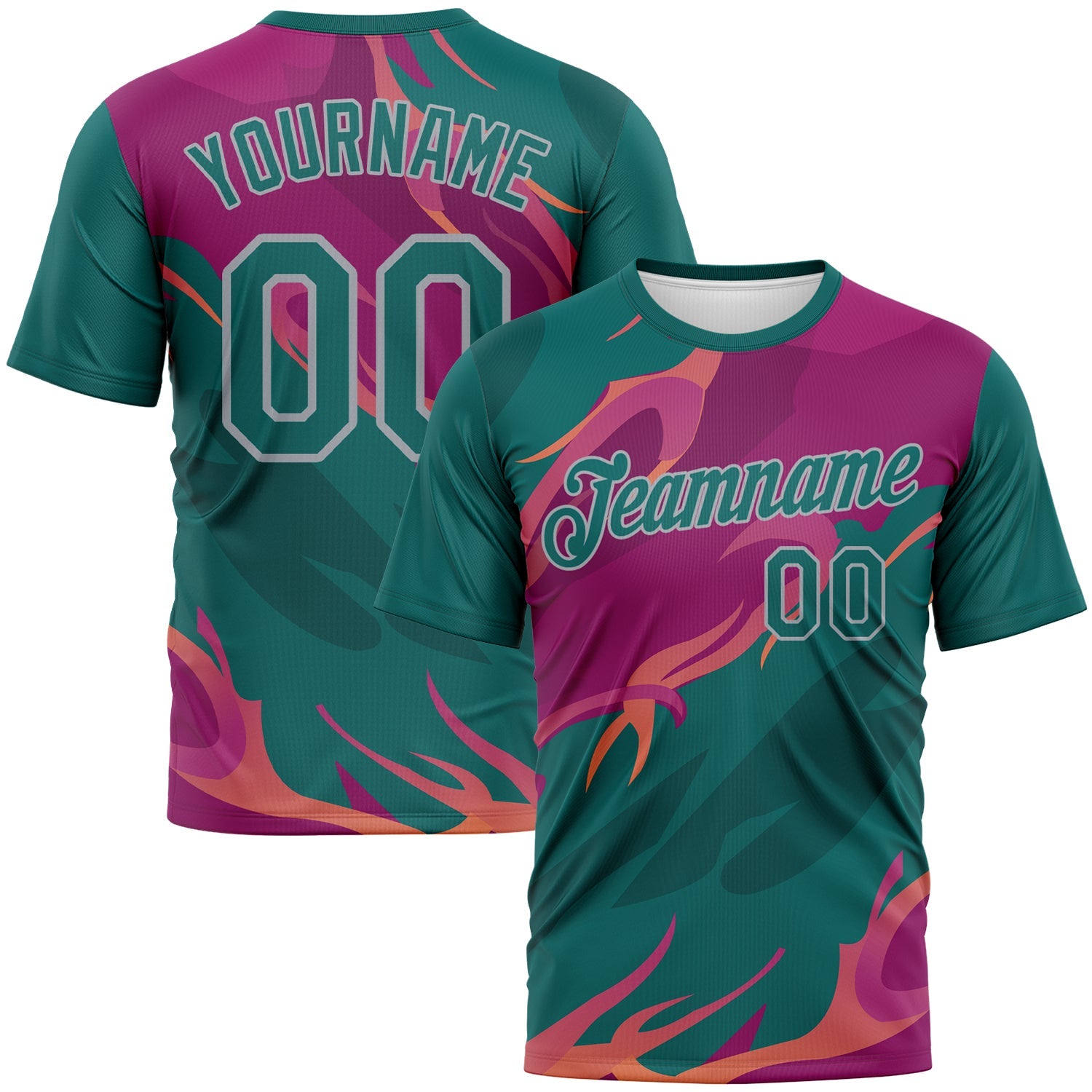 Custom Teal Deep Pink-Gray Flame Abstract Style Performance T-Shirt - Main View
