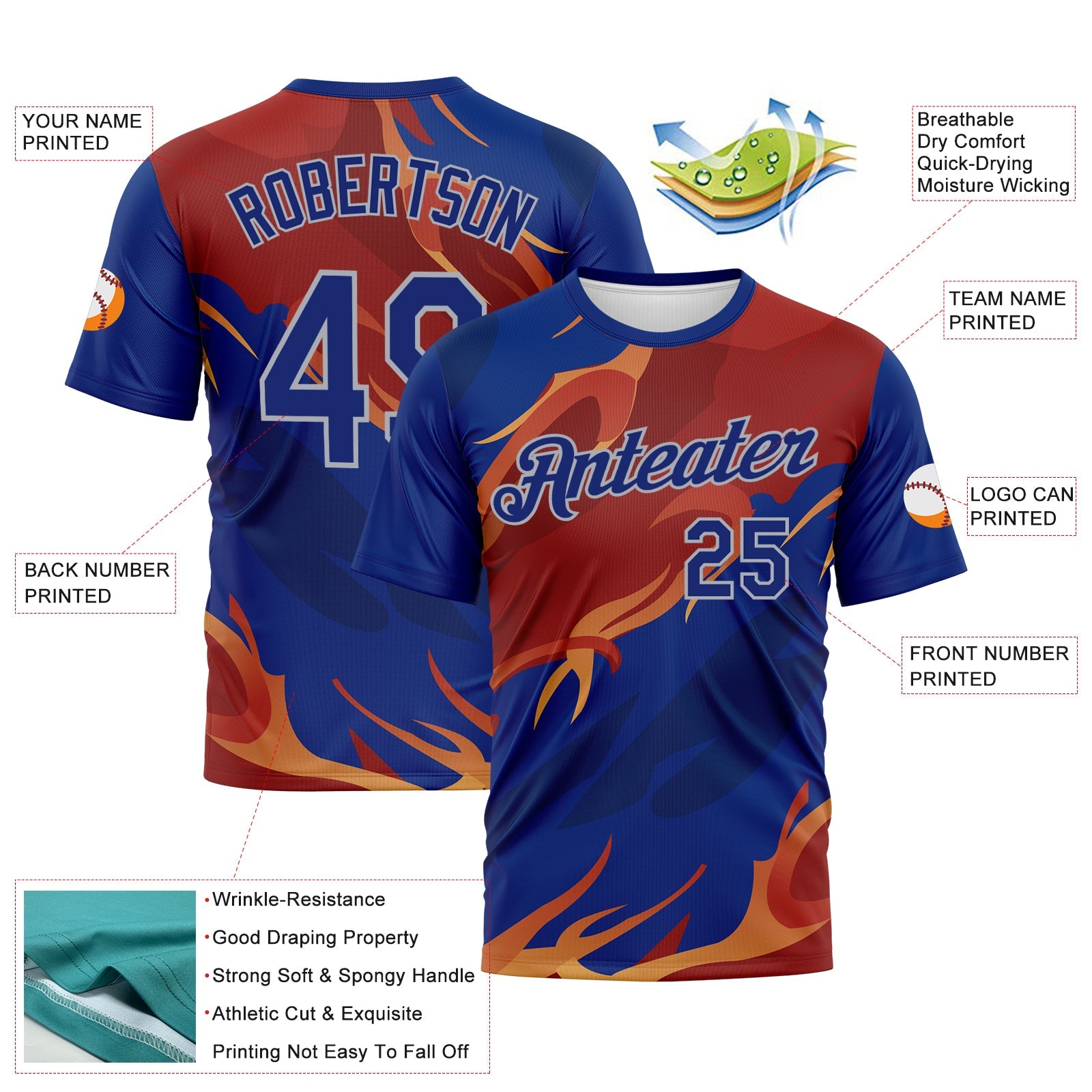 Custom Royal Texas Orange-Gray Flame Abstract Style Performance T-Shirt view 2