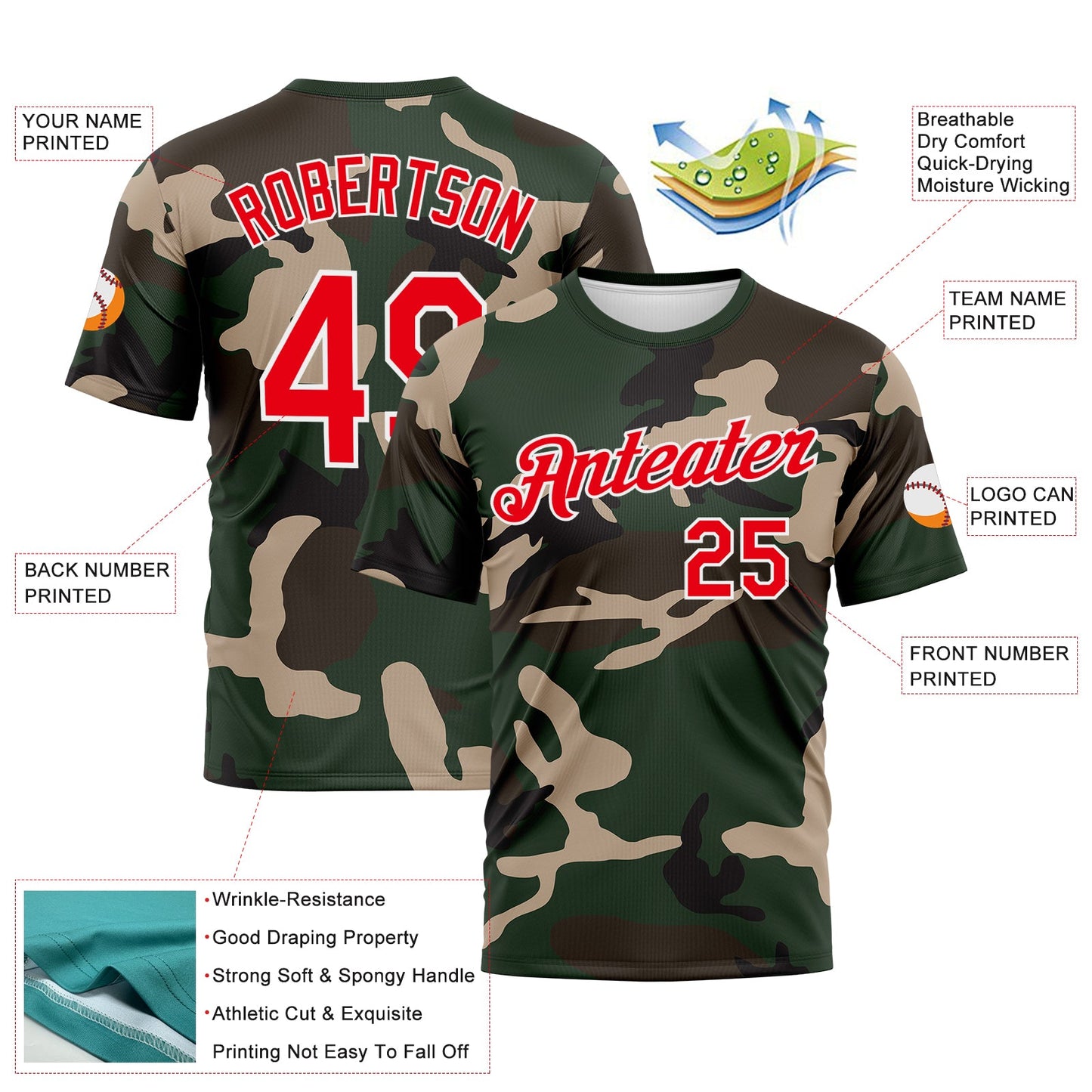 Custom Green Fire Red Olive-White Camouflage Performance T-Shirt view 2