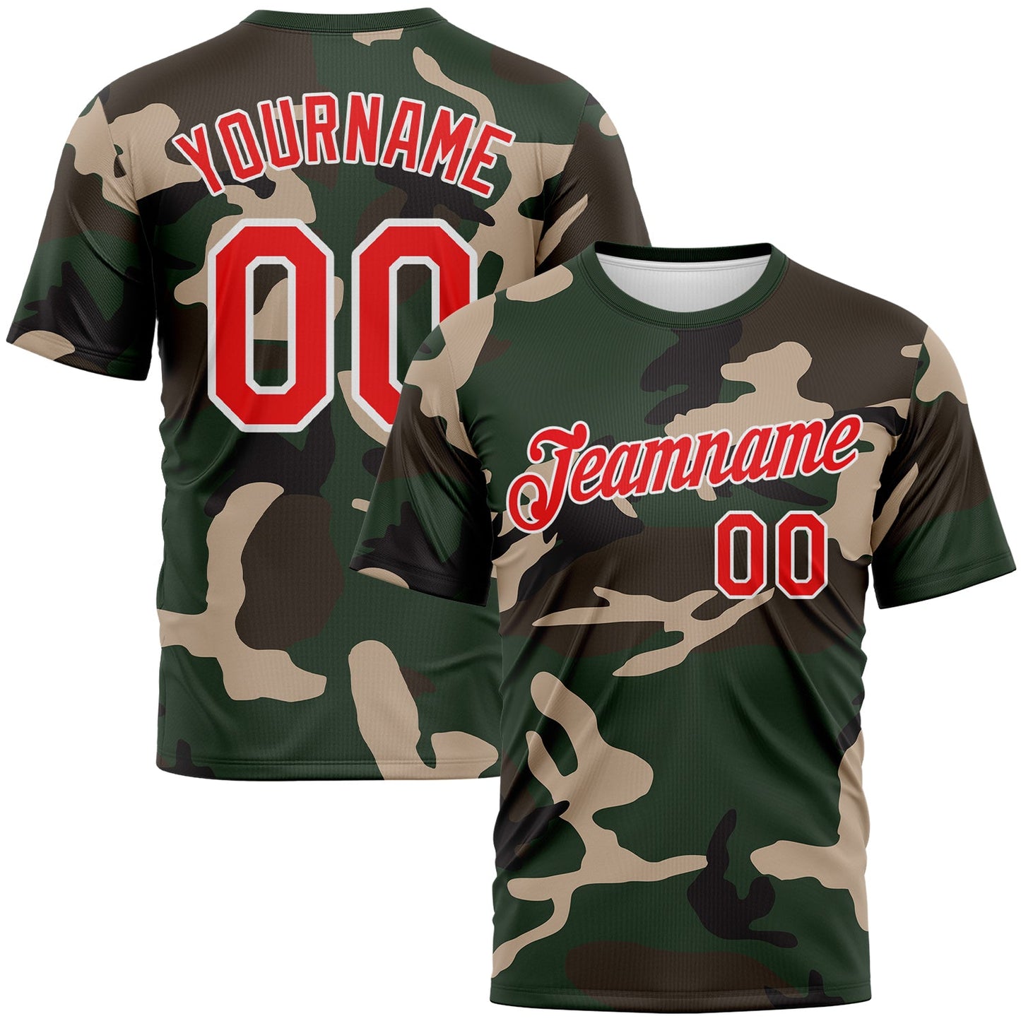 Custom Green Fire Red Olive-White Camouflage Performance T-Shirt - Main View