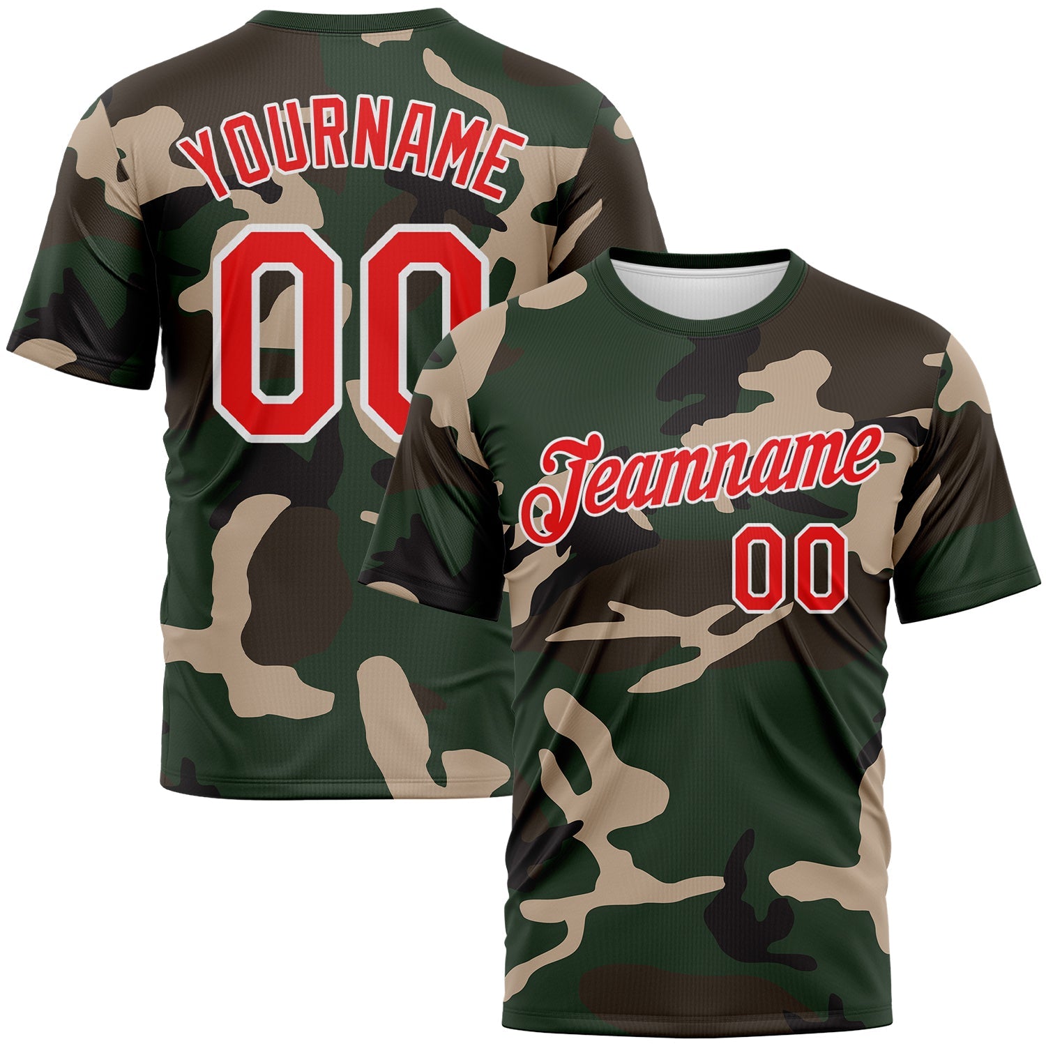 Custom Green Fire Red Olive-White Camouflage Performance T-Shirt - Main View