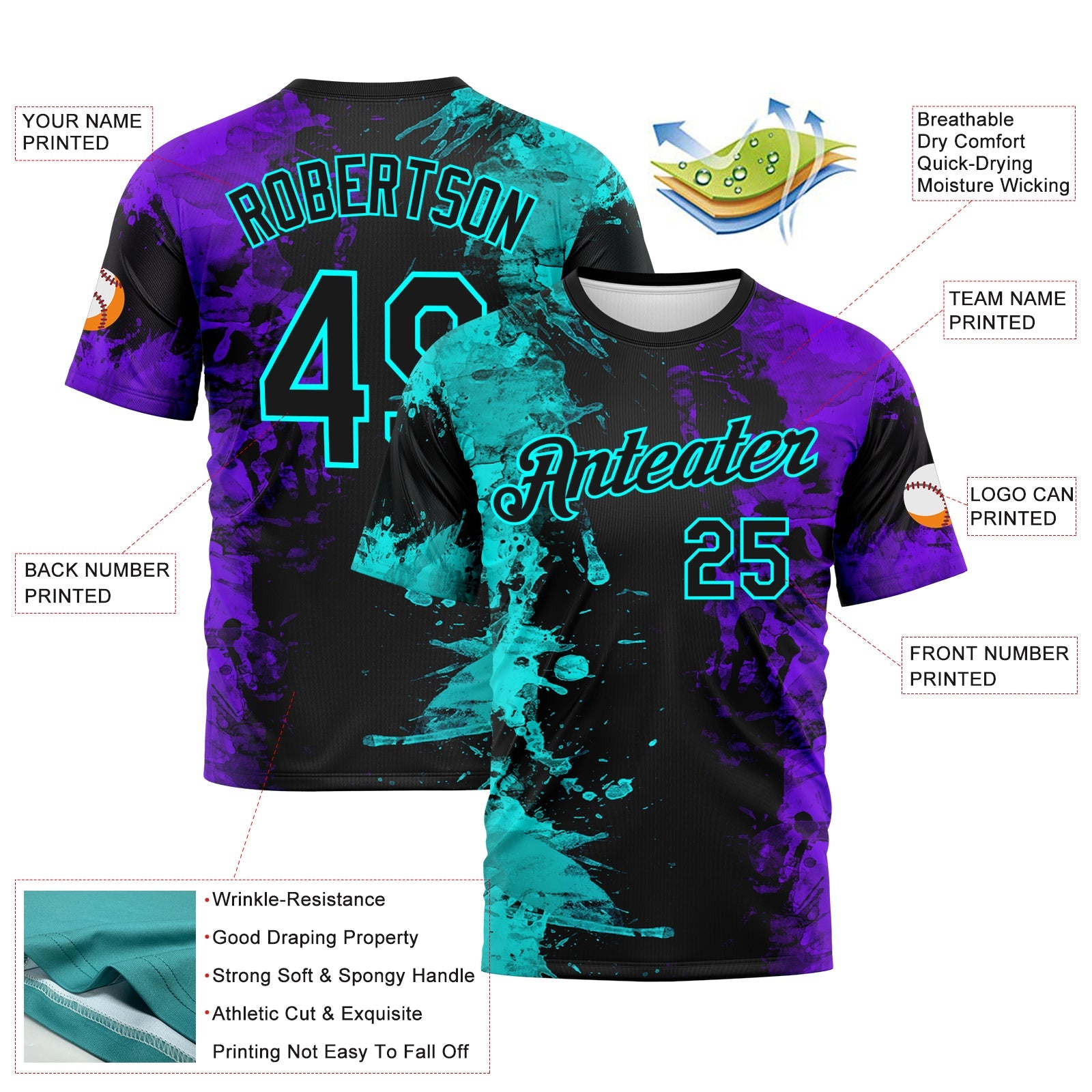 Custom Aqua Black-Purple Ink Splash Duotono Style Performance T-Shirt view 2
