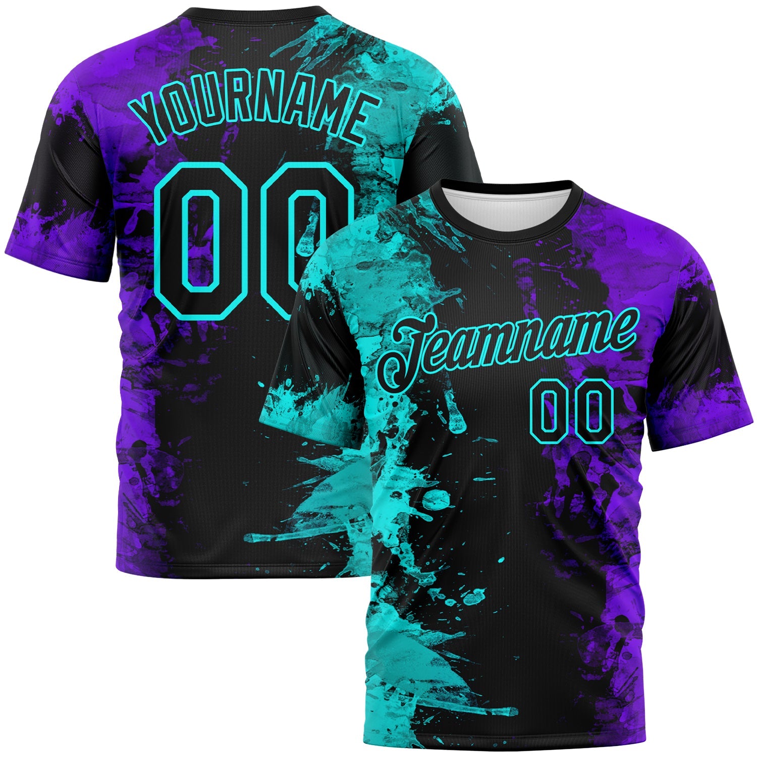 Custom Aqua Black-Purple Ink Splash Duotono Style Performance T-Shirt - Main View