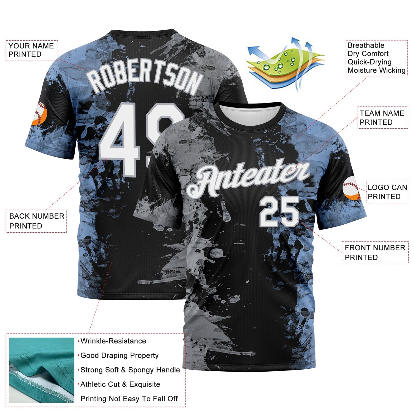 Custom Gray White Black-Light Blue Ink Splash Duotono Style Performance T-Shirt view 2