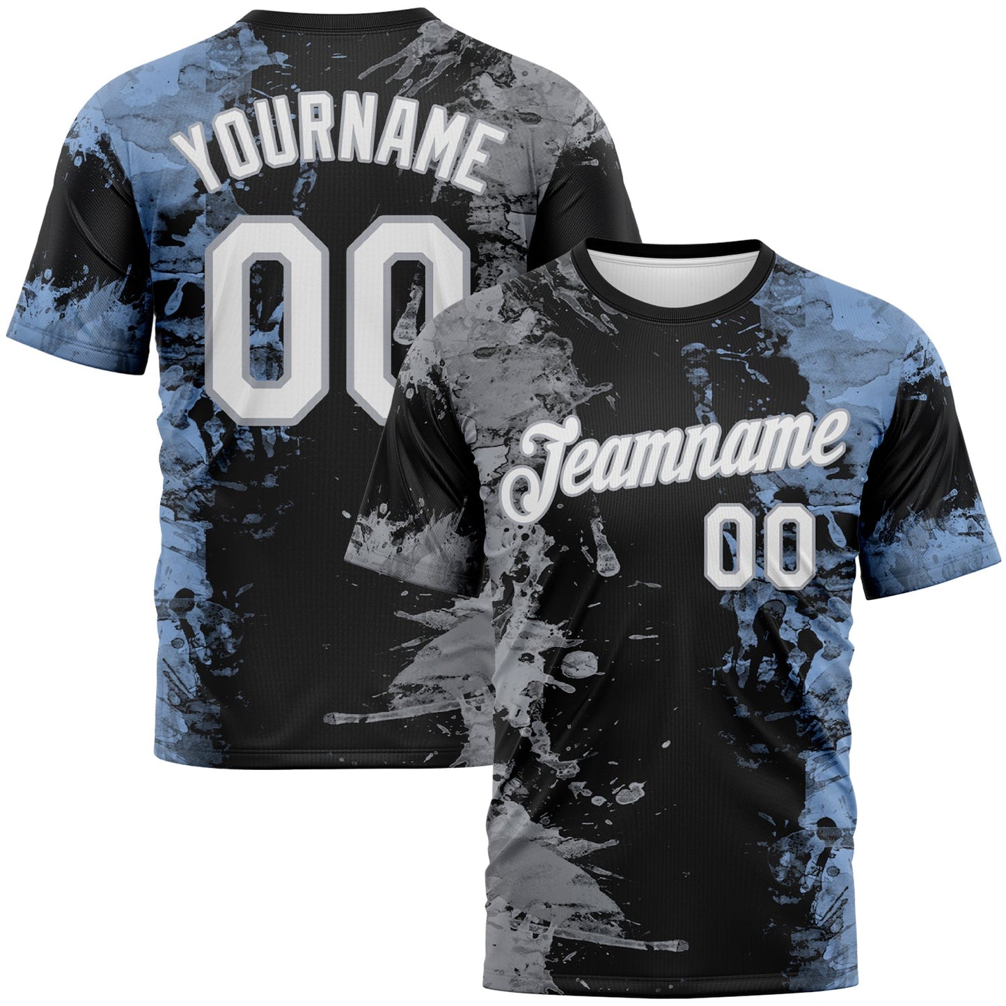 Custom Gray White Black-Light Blue Ink Splash Duotono Style Performance T-Shirt - Main View