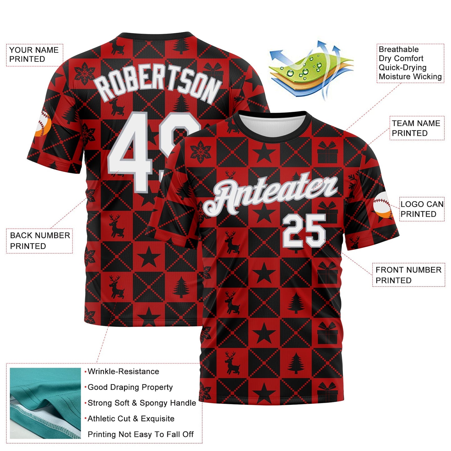 Custom Black White Red-Gray Christmas Buffalo Check Performance T-Shirt view 2