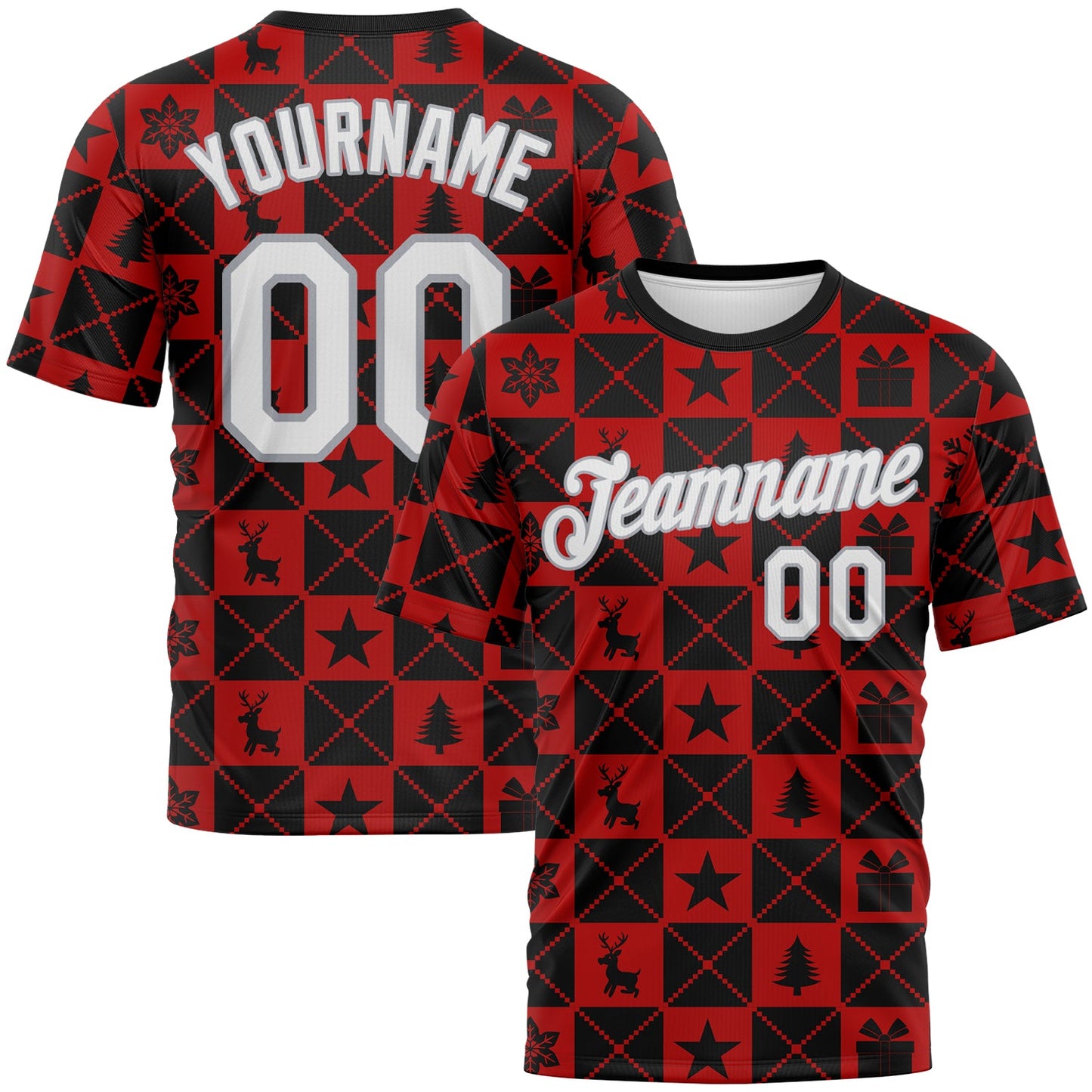 Custom Black White Red-Gray Christmas Buffalo Check Performance T-Shirt - Main View