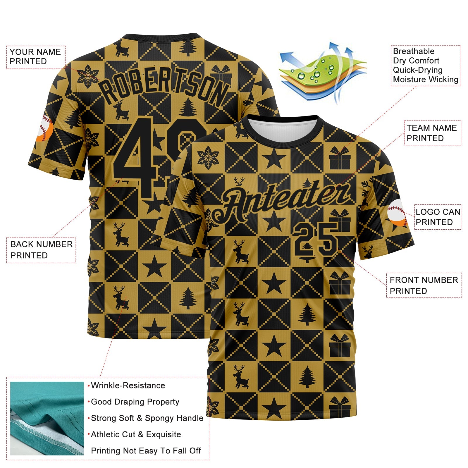 Custom Black-Old Gold Christmas Buffalo Check Performance T-Shirt view 2