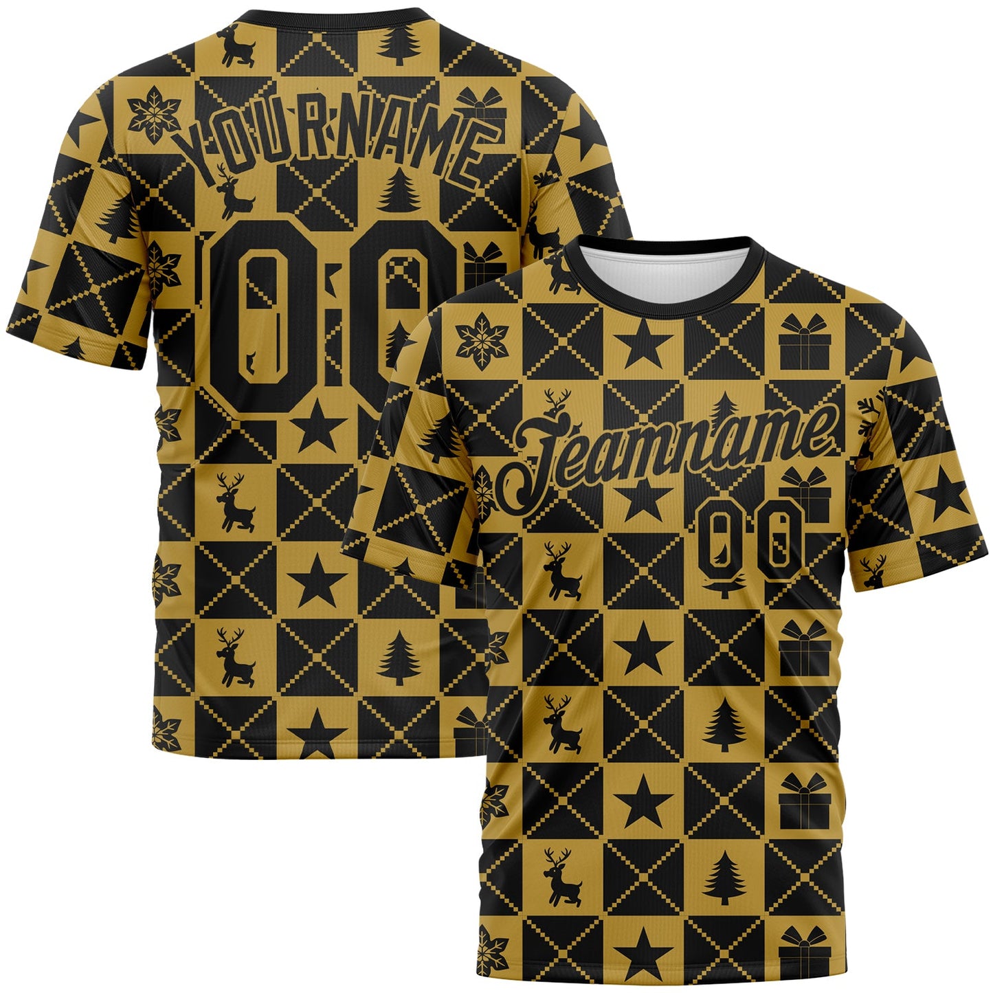 Custom Black-Old Gold Christmas Buffalo Check Performance T-Shirt - Main View