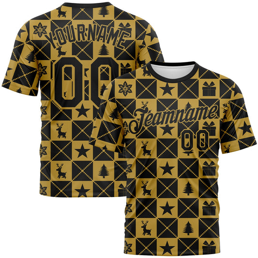 Custom Black-Old Gold Christmas Buffalo Check Performance T-Shirt - Main View