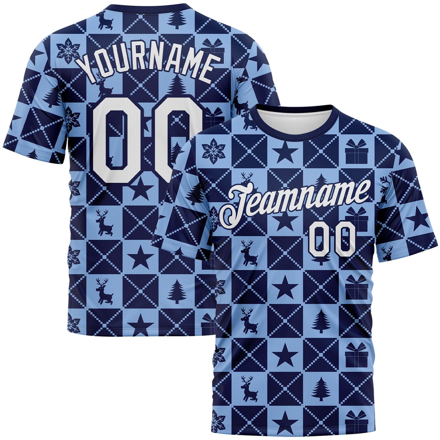 Custom Navy White-Light Blue Christmas Buffalo Check Performance T-Shirt - Main View