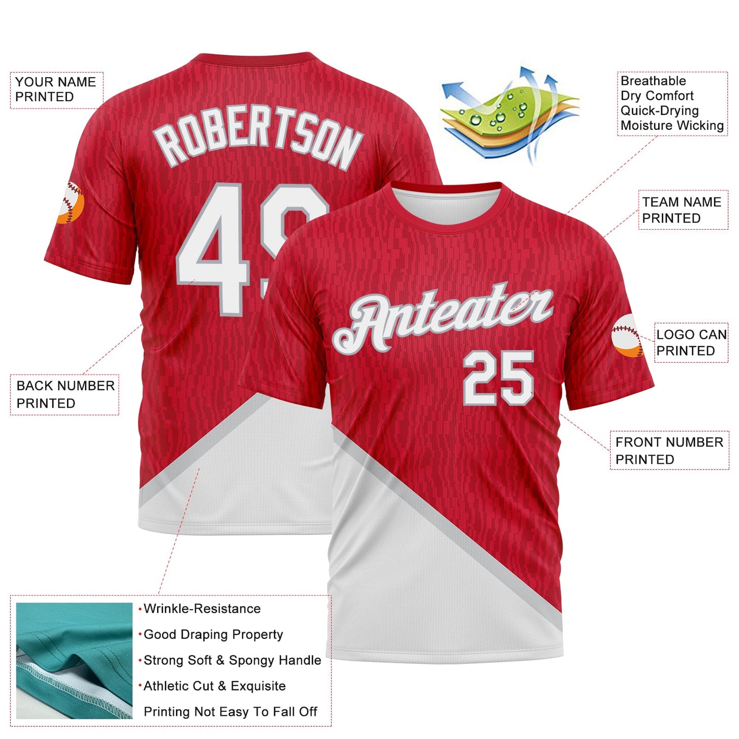 Custom Red White-Gray Subtle Diagonal Split Performance T-Shirt view 2