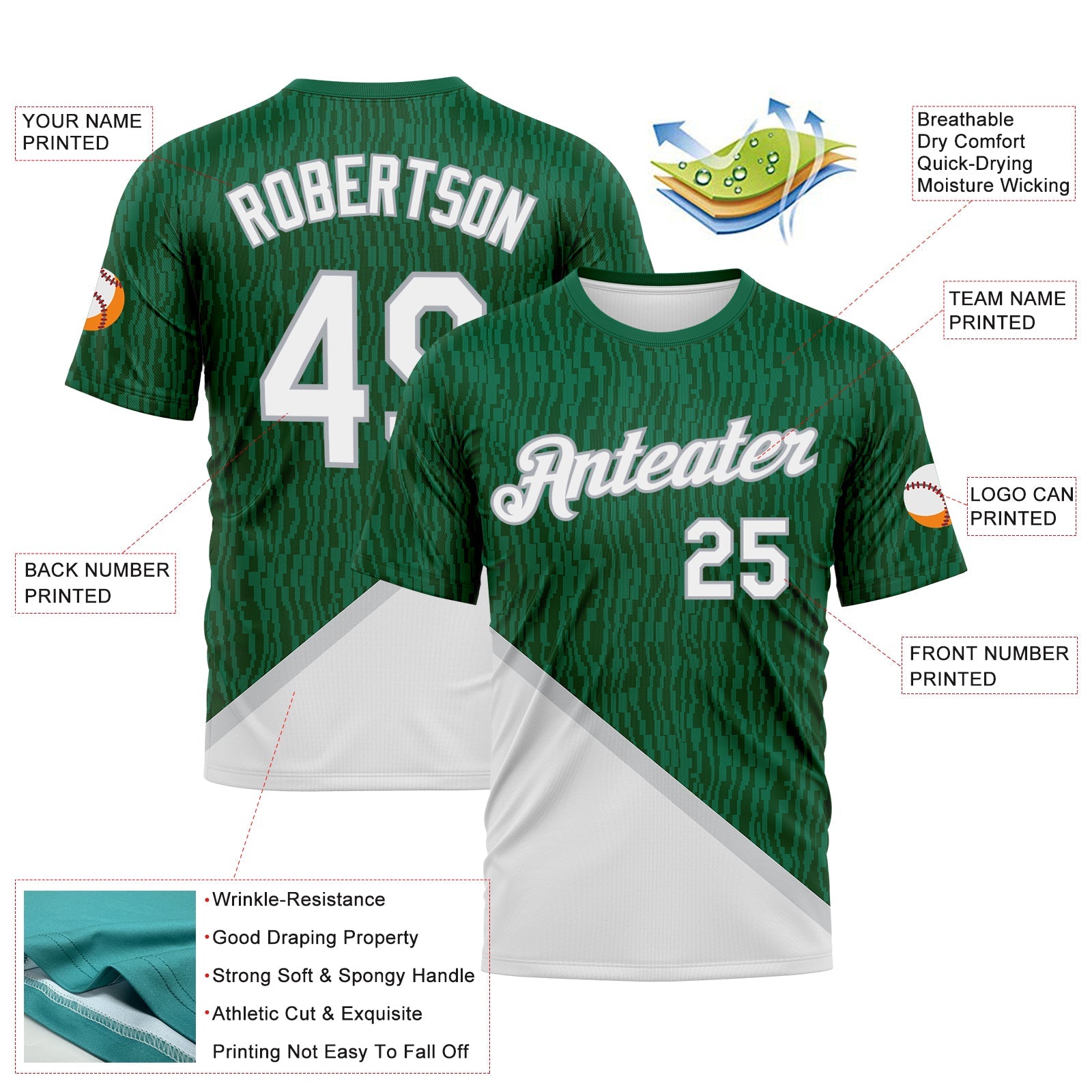 Custom Kelly Green White-Gray Subtle Diagonal Split Performance T-Shirt view 2