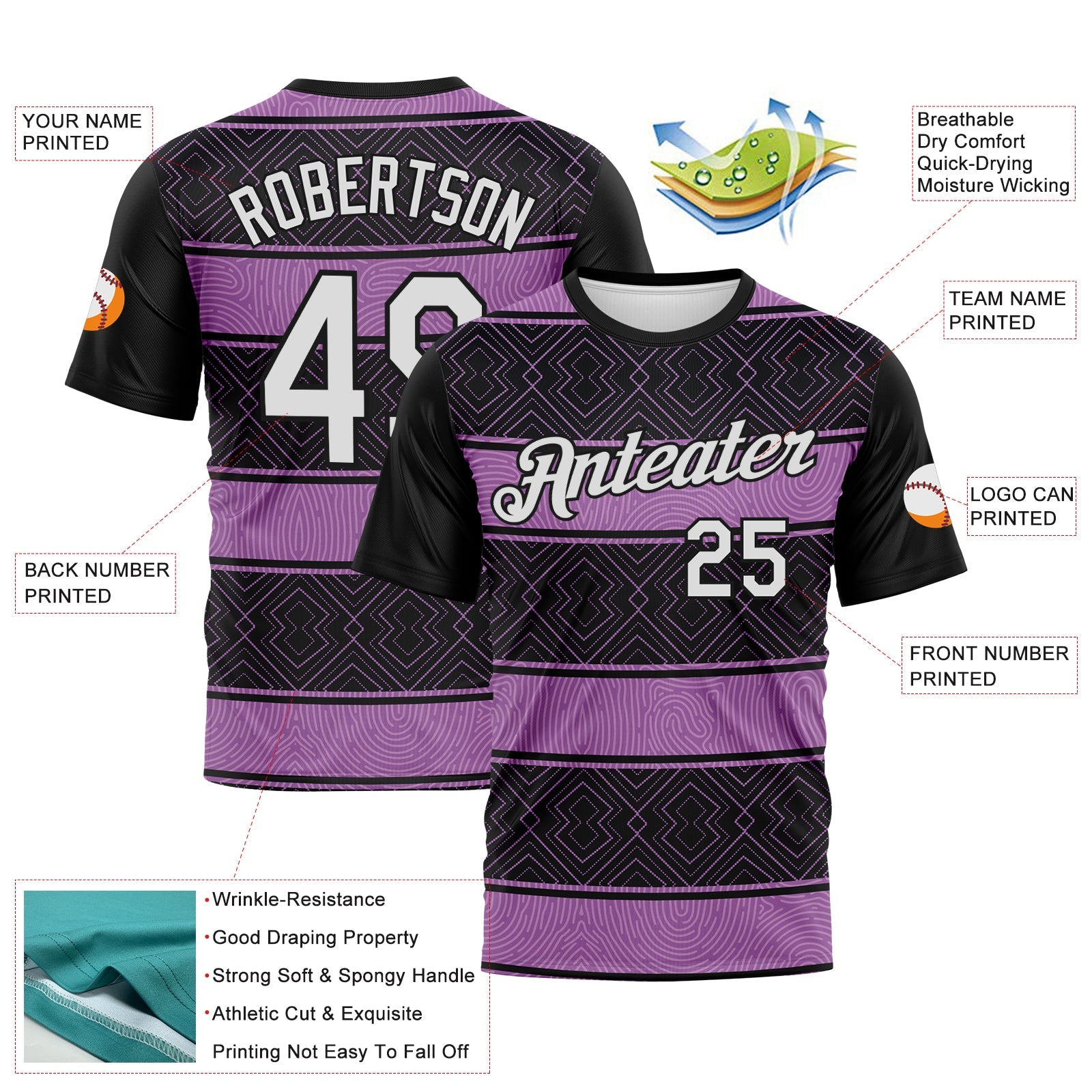 Custom Black White-Purple Tribal Geometric Horizontal Stripe Performance T-Shirt view 2