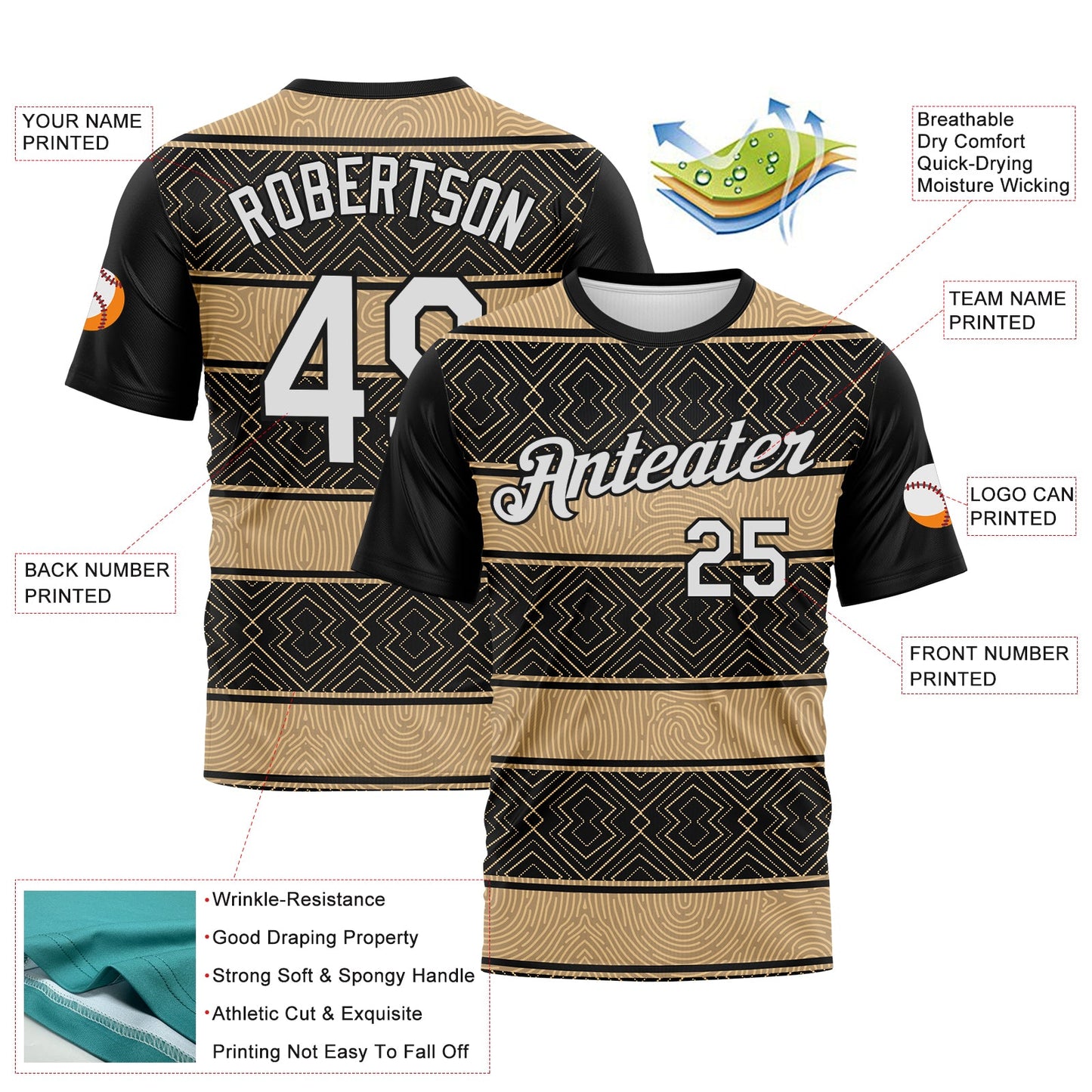 Custom Black White-City Cream Tribal Geometric Horizontal Stripe Performance T-Shirt view 2