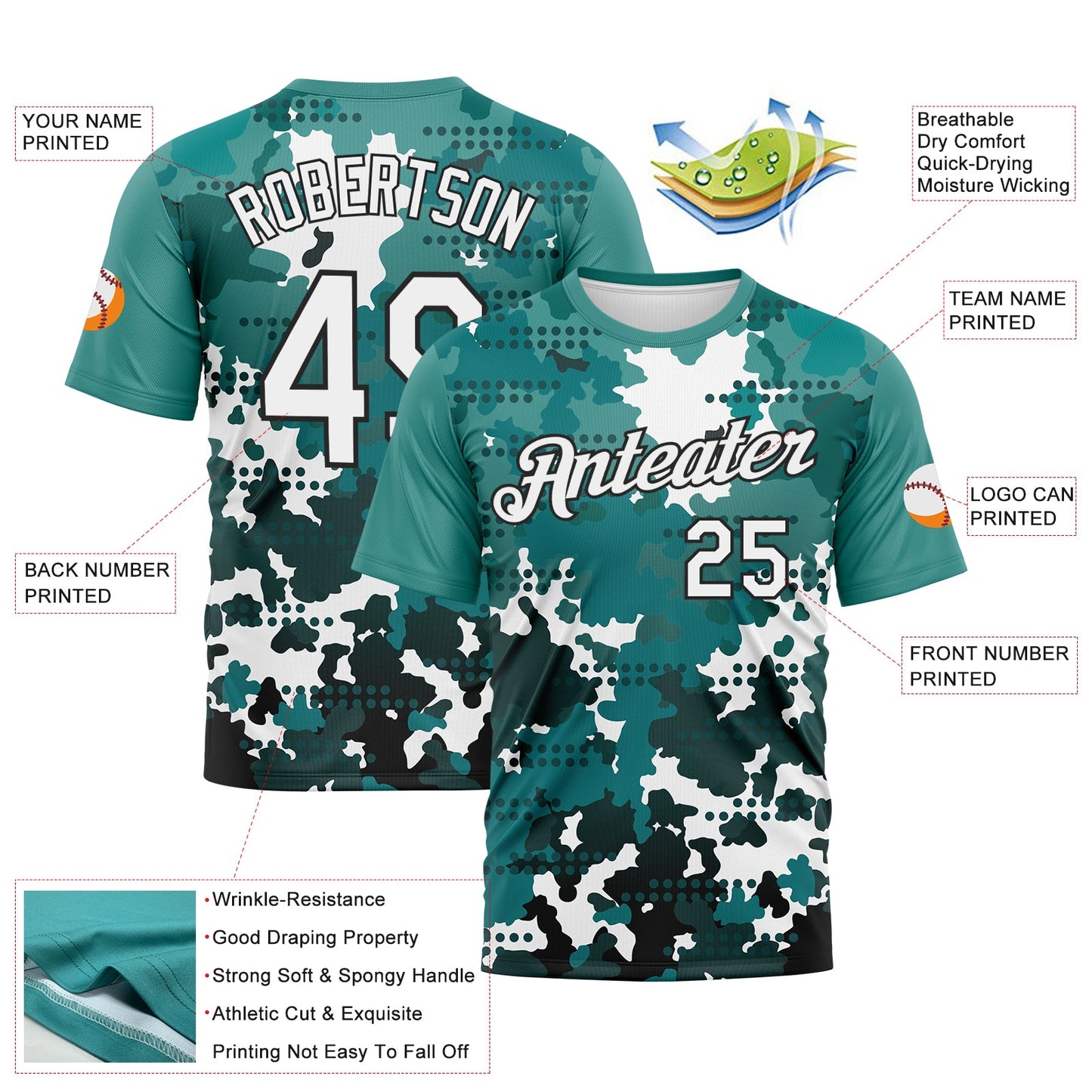 Custom White Teal-Black Camouflage Performance T-Shirt view 2