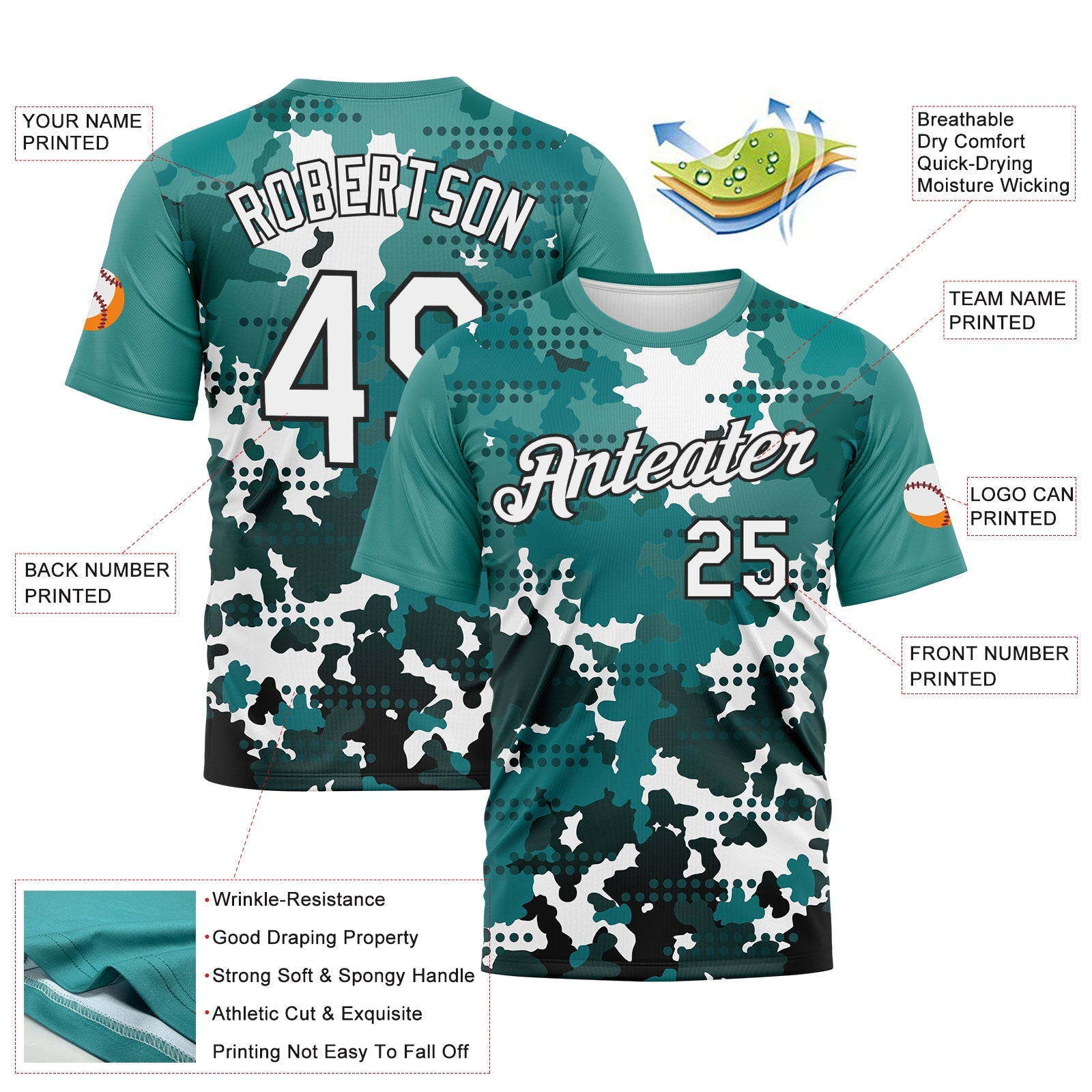 Custom White Teal-Black Camouflage Performance T-Shirt view 2