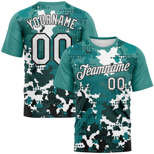 Custom White Teal-Black Camouflage Performance T-Shirt - Main View