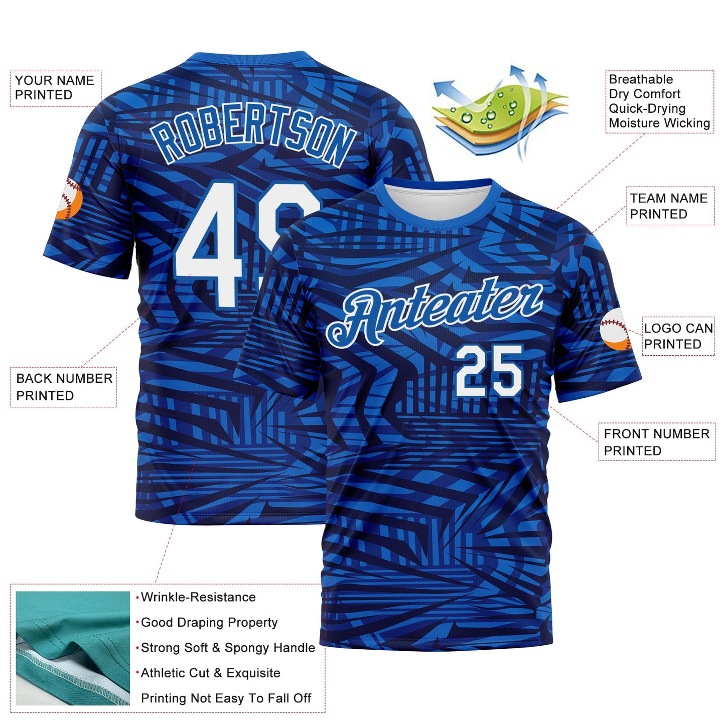 Custom Navy White Royal-Blue Hard Slash Abstract Geometric Performance T-Shirt view 2