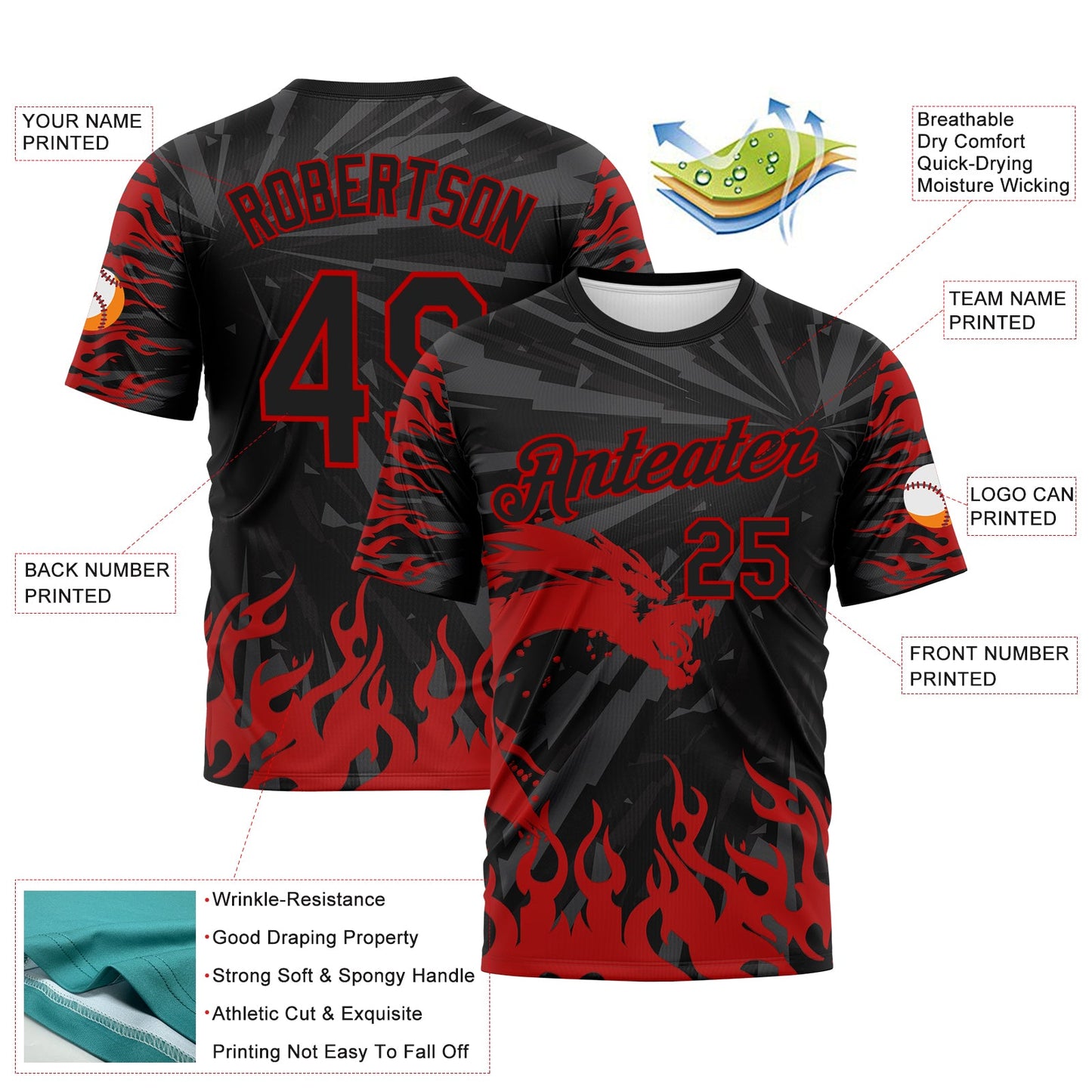 Custom Black-Red Dragon Fire Flame Performance T-Shirt view 2