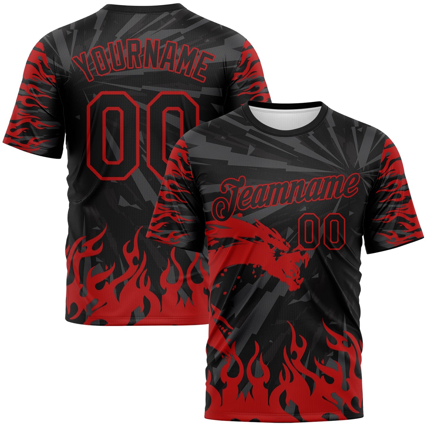 Custom Black-Red Dragon Fire Flame Performance T-Shirt - Main View