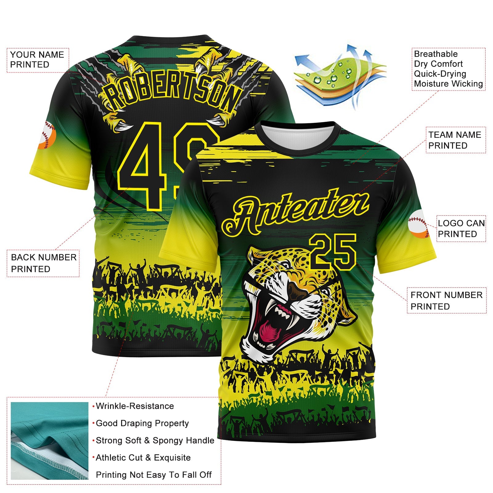 Custom Black Kelly Green-Light Yellow Leopard Performance T-Shirt view 2