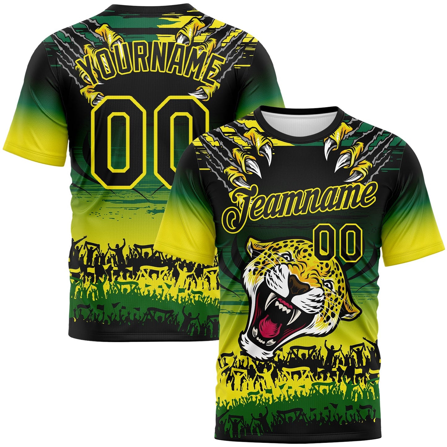 Custom Black Kelly Green-Light Yellow Leopard Performance T-Shirt - Main View