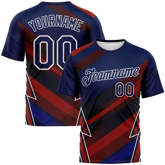 Custom Navy Red-White Diagonal Stripe Lightning Bolt Performance T-Shirt - Main View